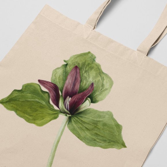 Giant Trillium Vintage Watercolor Floral Print Graphic Canvas Tote Bag - Picture 3 of 5